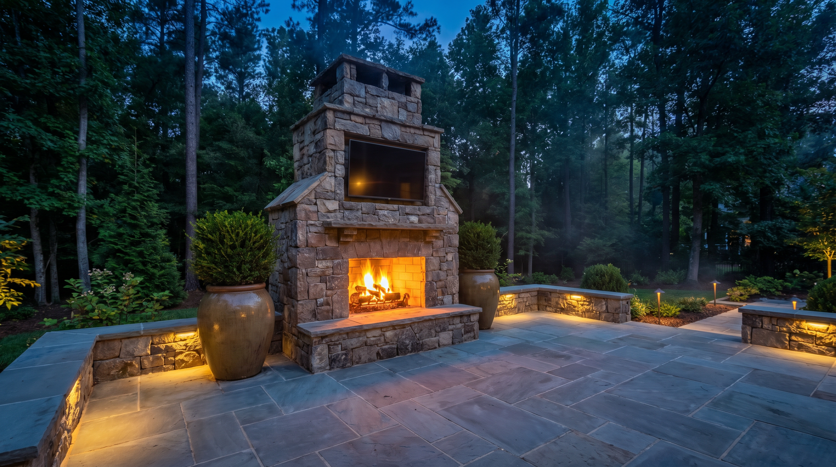 Custom hand-laid stone outdoor fireplace at dusk on a bluestone patio in Raleigh