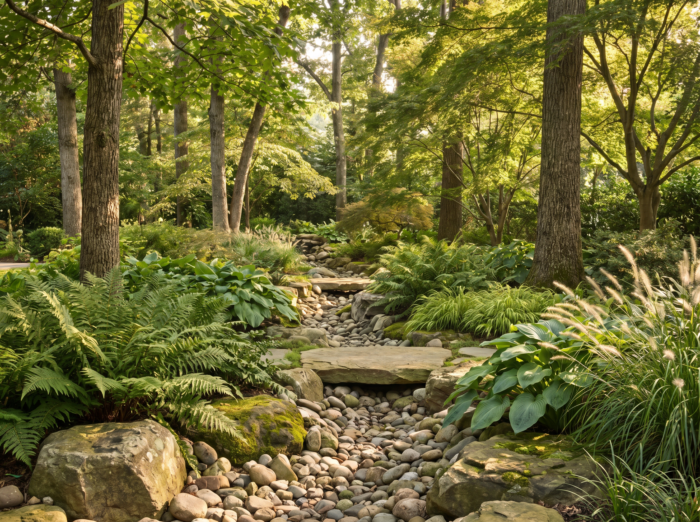 Stone-lined dry creek bed solving drainage on a wooded property