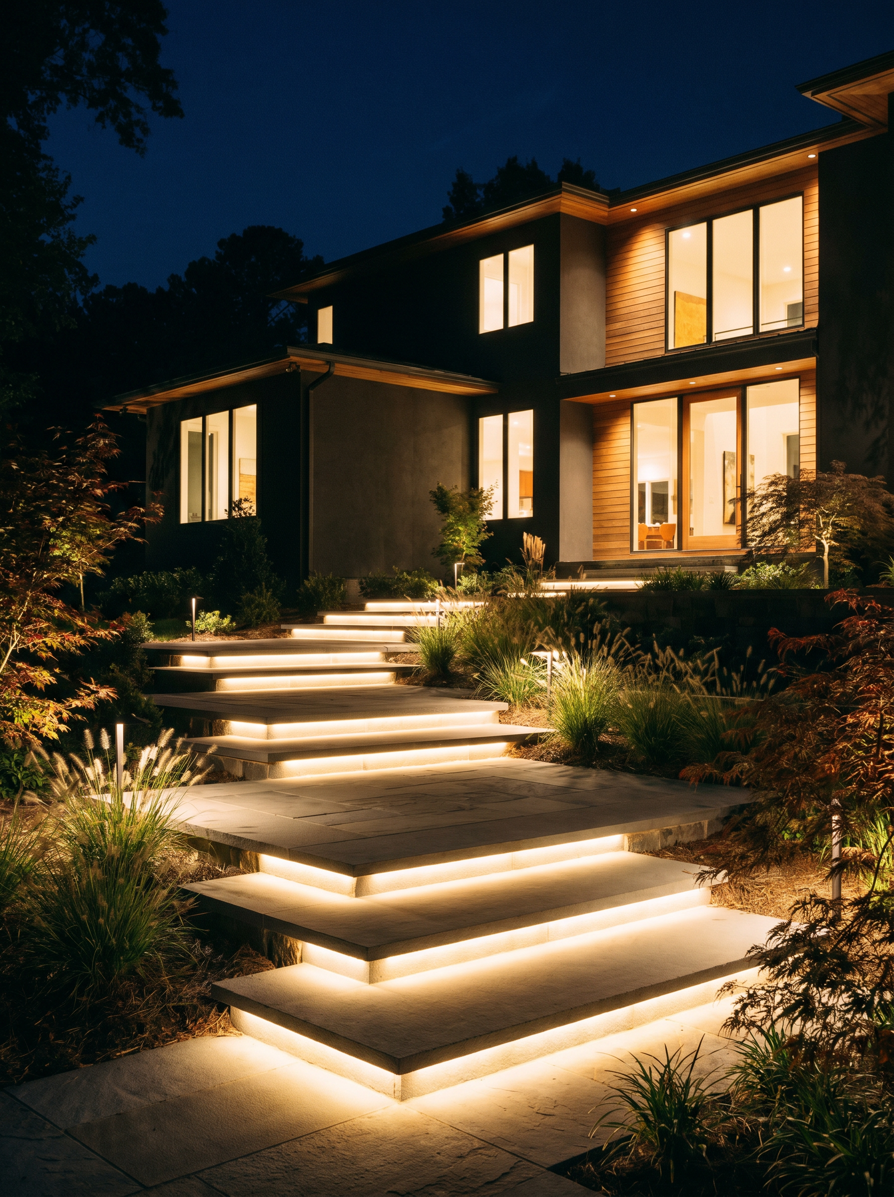 LED-lit floating stone steps at a modern home at night