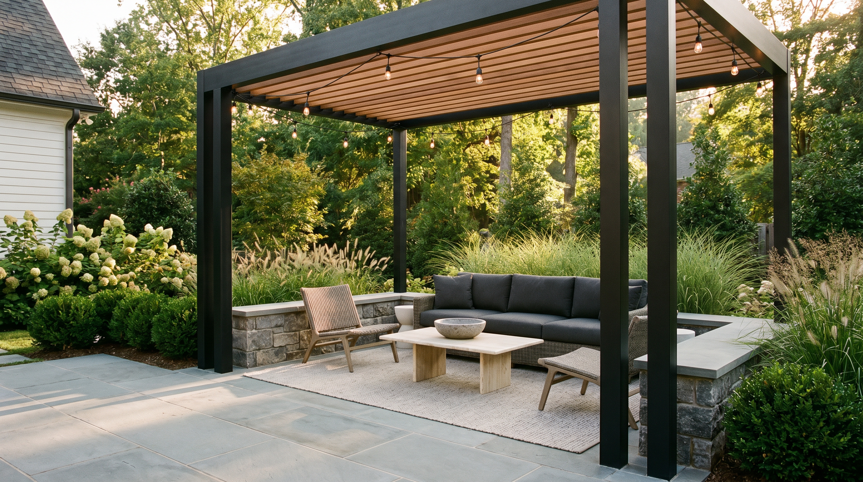 Bluestone patio with steel pergola and built-in seating in a Raleigh garden