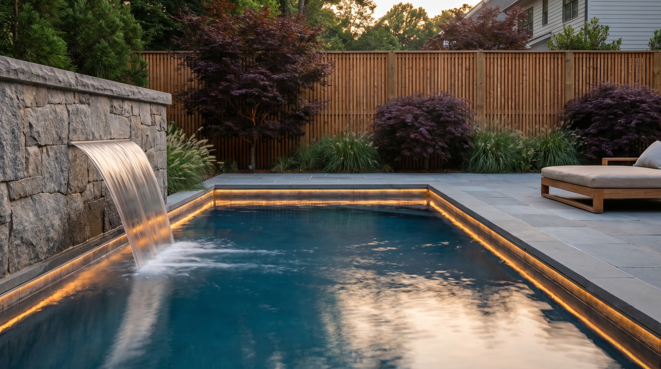 Modern pool with sheer-descent waterfall and stone privacy wall
